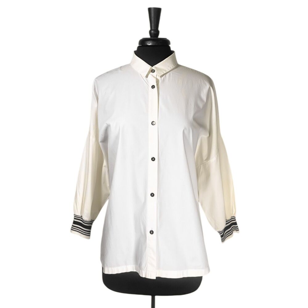 St John Womens Shirt M Ivory Button Up Tunic Oversized Rib Cuff Designer Top